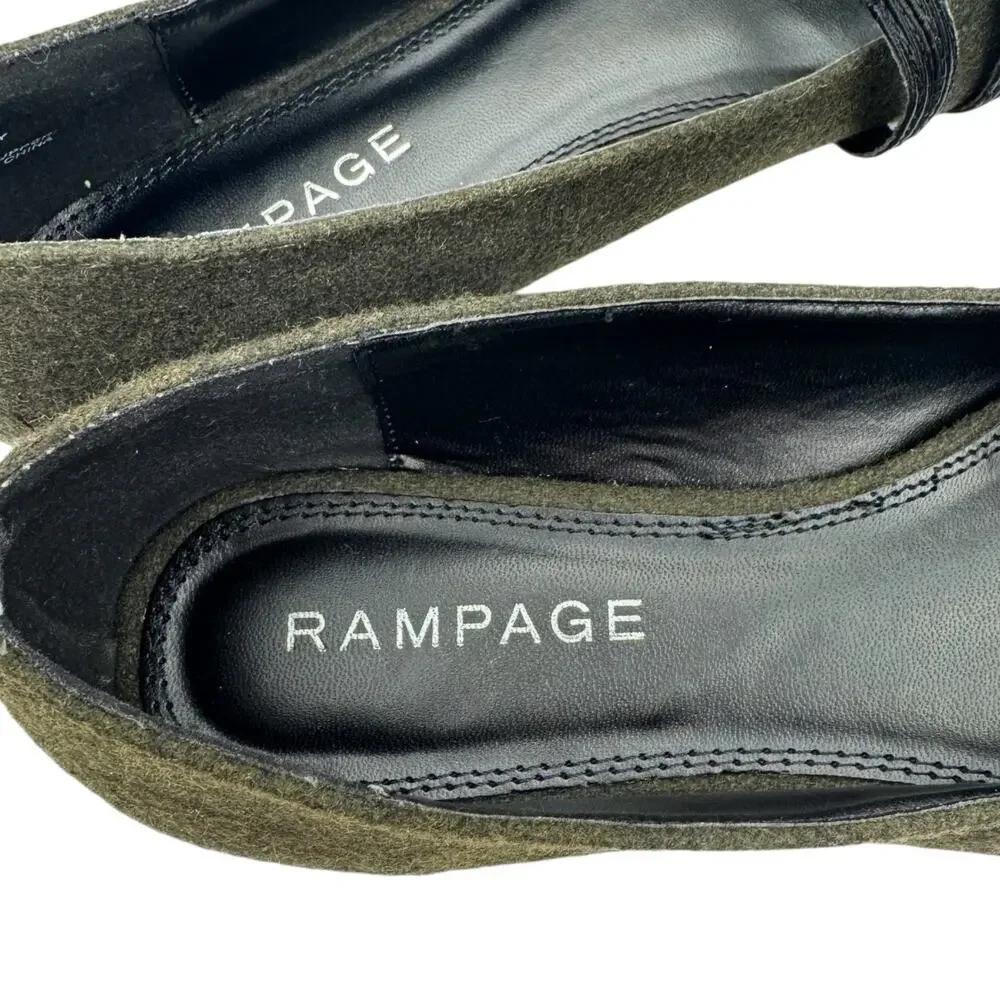 Rampage Safari Green Wool Strappy Button Pointed Toe Flats Sz 8.5 Comfort Trendy